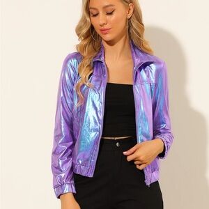 Allegra K Holographic Long Sleeve Lightweight Zipper Metallic Jacket